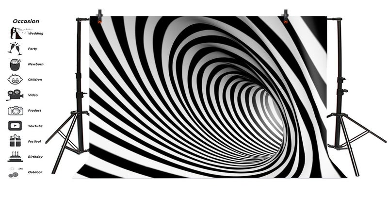 LFEEY 10x7ft Black and White Spiral Vortex Backdrop Adults Kids Portrait Photo Shoot Futuristic Perspective Pipeline Tube Endless Tunnel Striped Swirl Background for Photography Photo Studio Props - Image 3